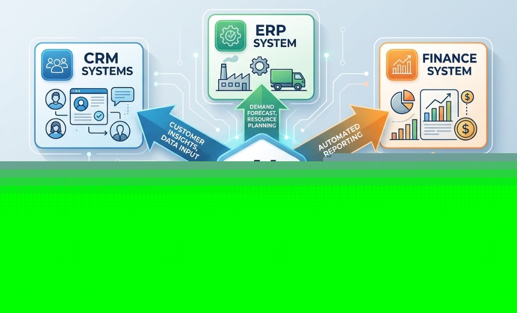 Infographic: AI workflows automation hub connecting CRM, ERP, Finance, Marketing, and HR systems.